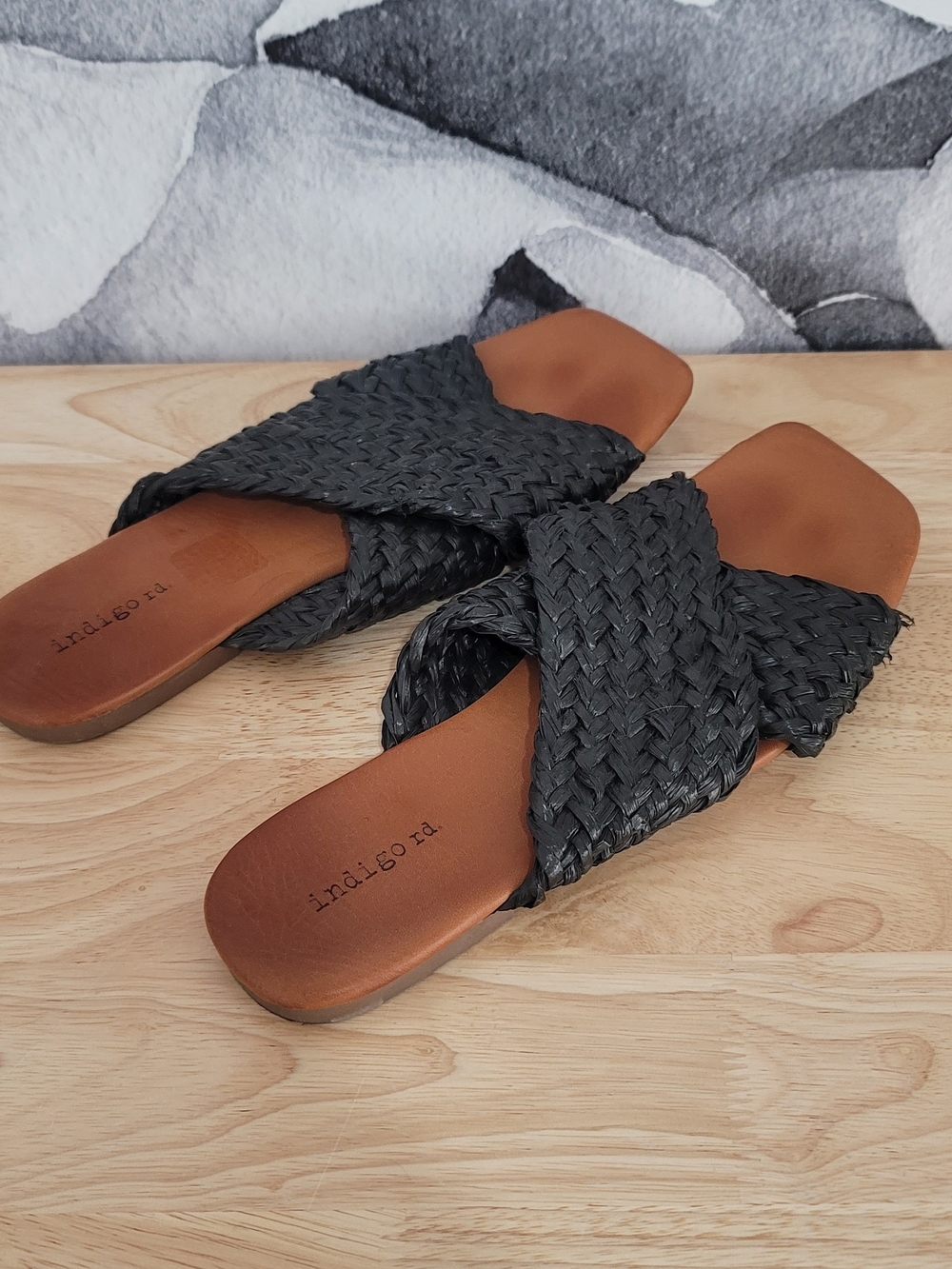 Indigo RD Black Braided Slide Mules with Tan Footbed